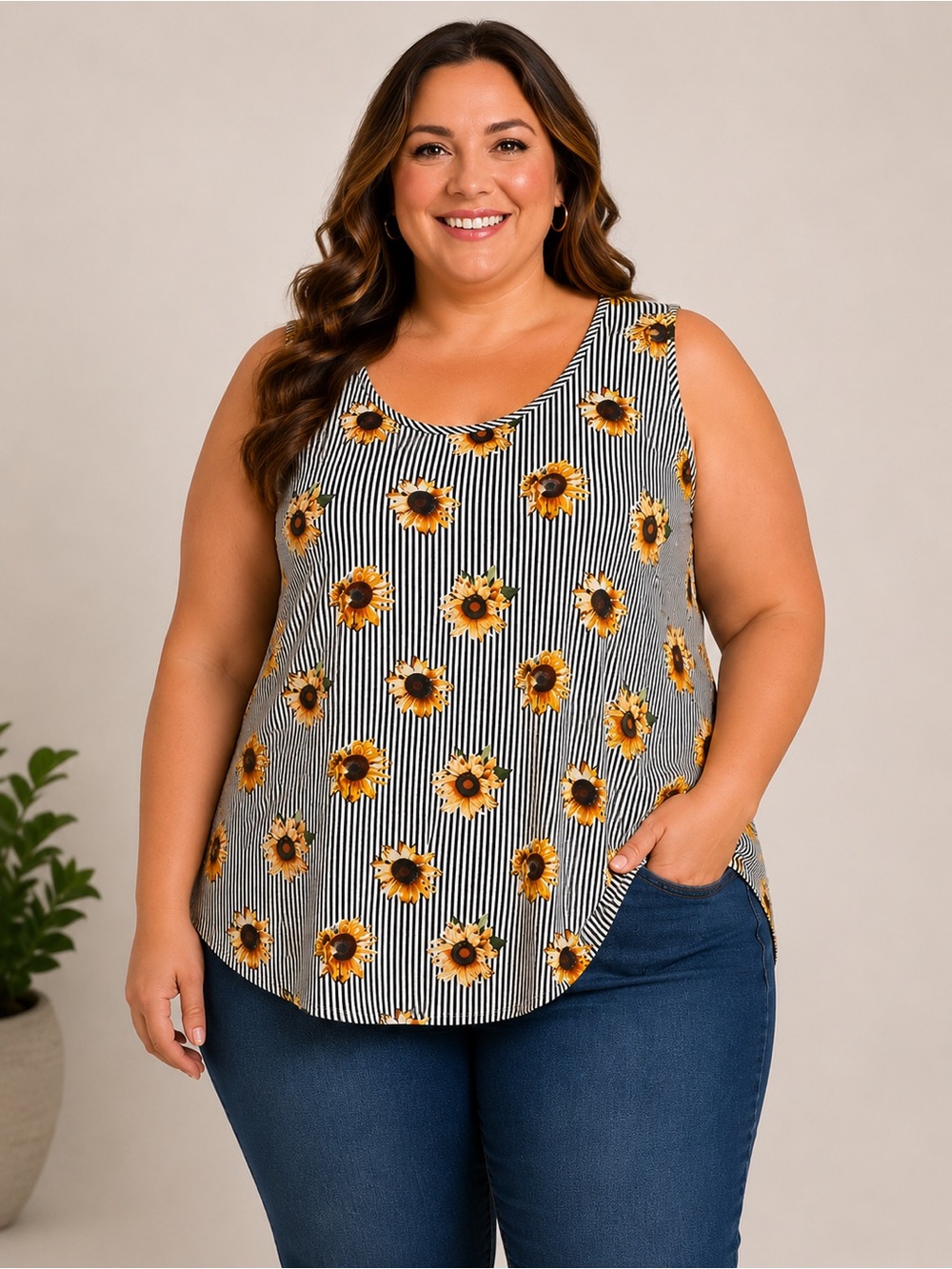 PUMC 3X Sunflower Stripe Sleeveless Tunic Tank Top Plus Size